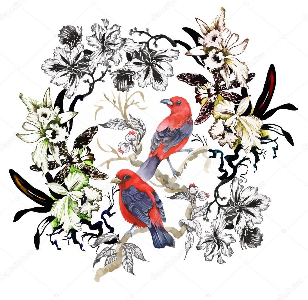 Watercolor hand drawn pattern with tropical summer flowers of and exotic birds