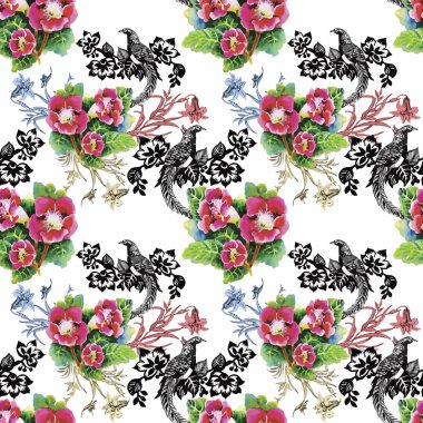 Vahşi sülün hayvanlar kuşlar suluboya çiçek seamless modeli