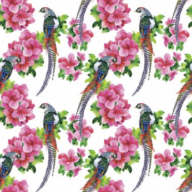 Vahşi sülün hayvanlar kuşlar suluboya çiçek seamless modeli