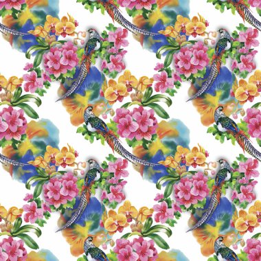 Vahşi sülün hayvanlar kuşlar suluboya çiçek seamless modeli