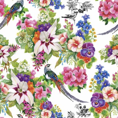 Vahşi sülün hayvanlar kuşlar suluboya çiçek seamless modeli