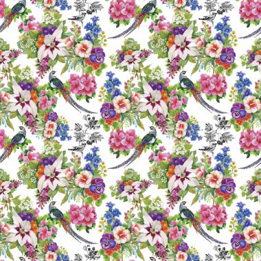 Vahşi sülün hayvanlar kuşlar suluboya çiçek seamless modeli