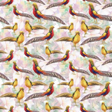 Vahşi sülün hayvanlar kuşlar suluboya çiçek seamless modeli
