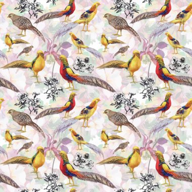 Vahşi sülün hayvanlar kuşlar suluboya çiçek seamless modeli