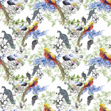 Vahşi sülün hayvanlar kuşlar suluboya çiçek seamless modeli