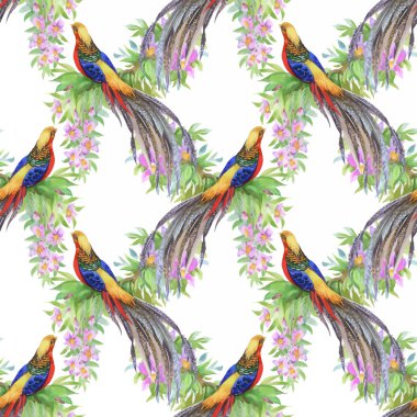 Vahşi sülün hayvanlar kuşlar suluboya çiçek seamless modeli