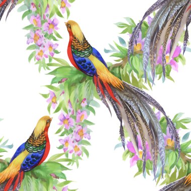 Vahşi sülün hayvanlar kuşlar suluboya çiçek seamless modeli