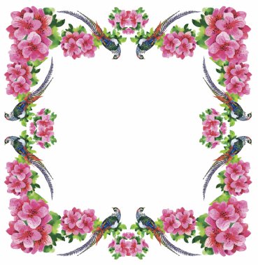 Bahçe çiçek ve sülün kuşları suluboya desen