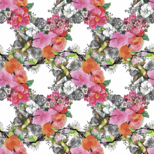 熱帯水彩画シームレス花柄 colibris と花。水彩画. — ストックベクタ