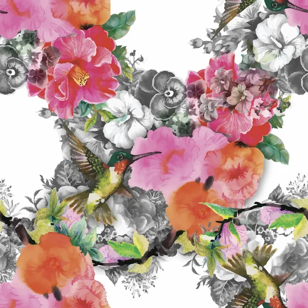 Aquarelle florale tropicale motif sans couture avec colibris et fleurs. Aquarelle peinture . — Image vectorielle