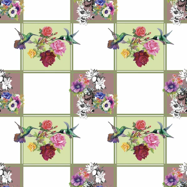 열 대 꽃 수채화 원활한 패턴 colibris와 꽃. 수채화 그림. — 스톡 벡터