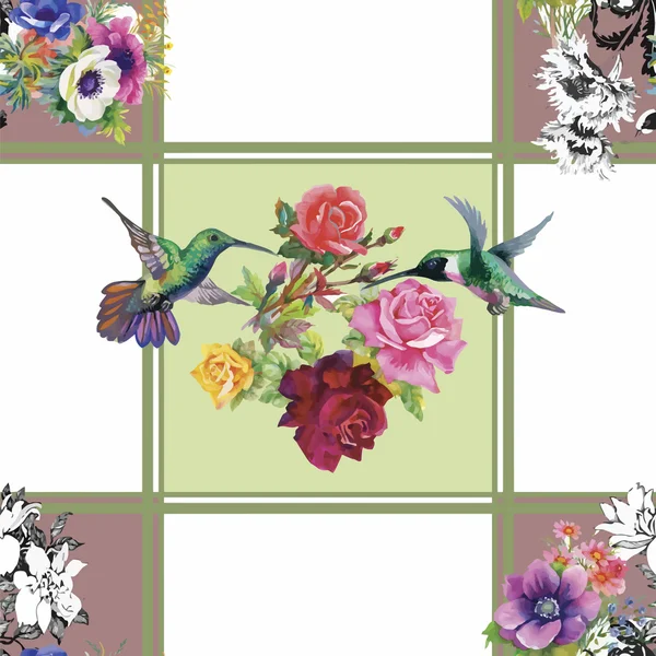 Tropische florale Aquarell nahtlose Muster mit colibris und Blumen. Aquarellmalerei. — Stockvektor