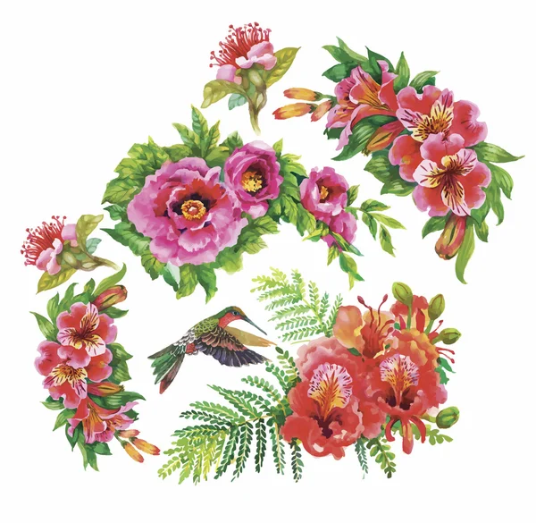 Padrão sem costura aquarela floral tropical com colibris e flores. Pintura aquarela . — Vetor de Stock