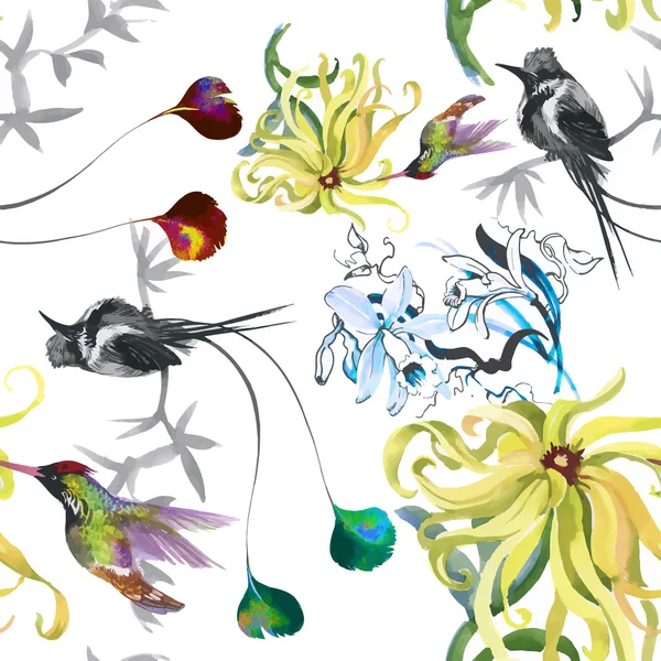 열 대 꽃 수채화 원활한 패턴 colibris와 꽃. 수채화 그림. — 스톡 벡터