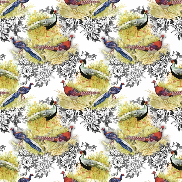 Vahşi sülün hayvanlar kuşlar suluboya çiçek seamless modeli