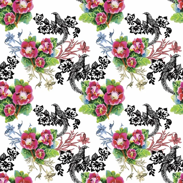 Faisan sauvage animaux oiseaux en aquarelle motif floral sans couture — Image vectorielle