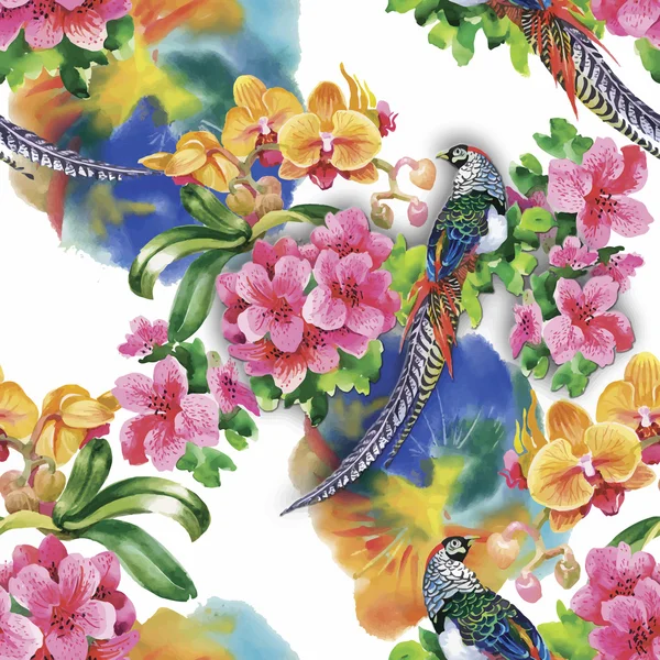 Hewan liar hewan burung dalam warna air pola bunga mulus - Stok Vektor