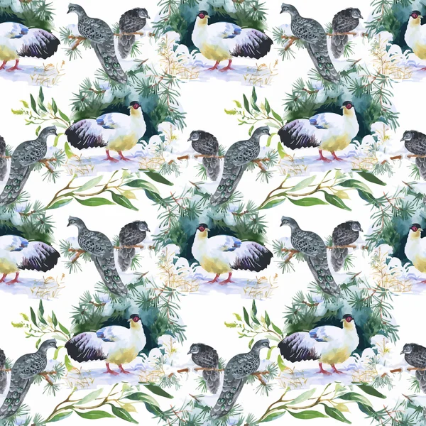 Wild Pheasant animals birds in watercolor floral seamless pattern