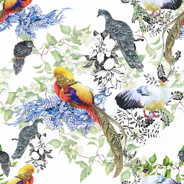 Wilde Fasane Tiere Vögel in Aquarell florales nahtloses Muster — Stockvektor