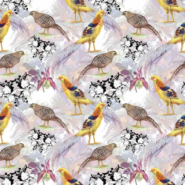Vahşi sülün hayvanlar kuşlar suluboya çiçek seamless modeli — Stok Vektör