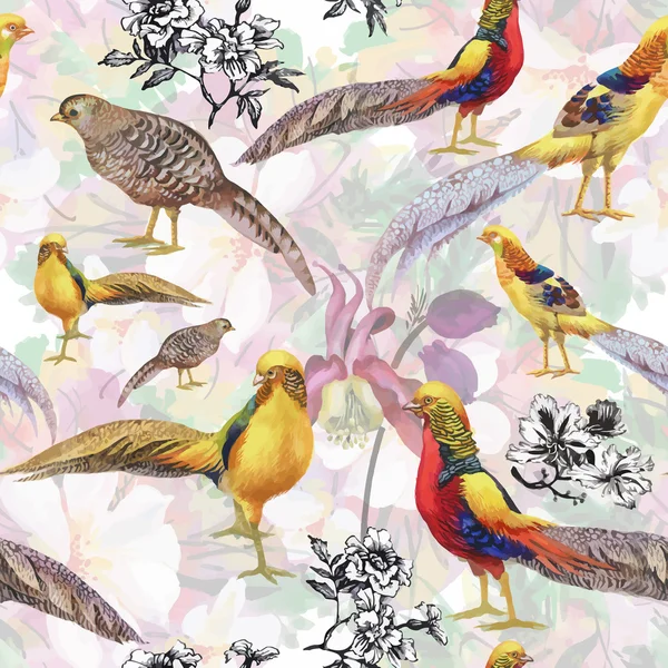 Wild Pheasant animals birds in watercolor floral seamless pattern