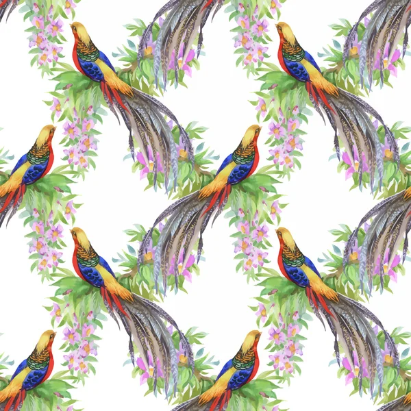 Animali selvatici fagiano uccelli in acquerello floreale modello senza soluzione di continuità — Vettoriale Stock