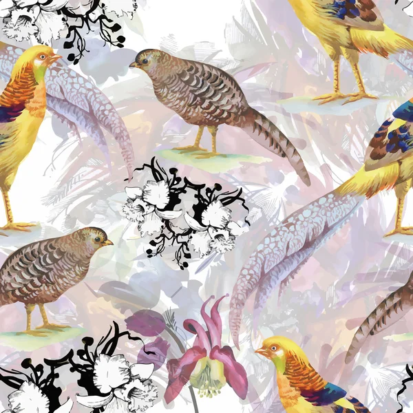 Wild Pheasant animals birds in watercolor floral seamless pattern — Stock Vector