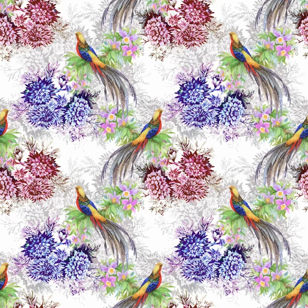 Wild Pheasant animals birds in watercolor floral seamless pattern — Stock Vector