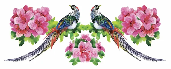 Flores de jardín y aves faisán patrón de acuarela — Vector de stock