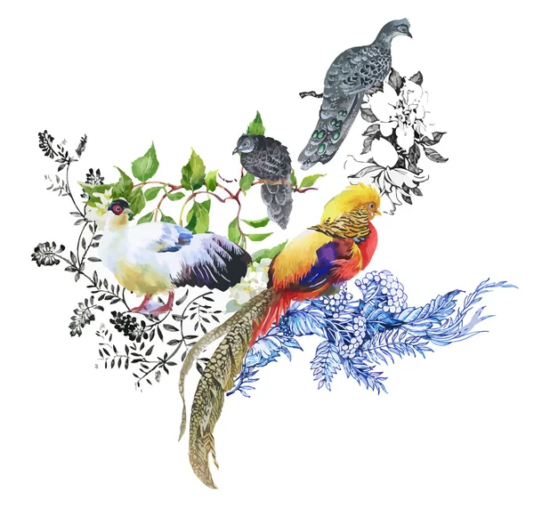 Garden flowers and pheasant birds watercolor pattern — Stock Vector