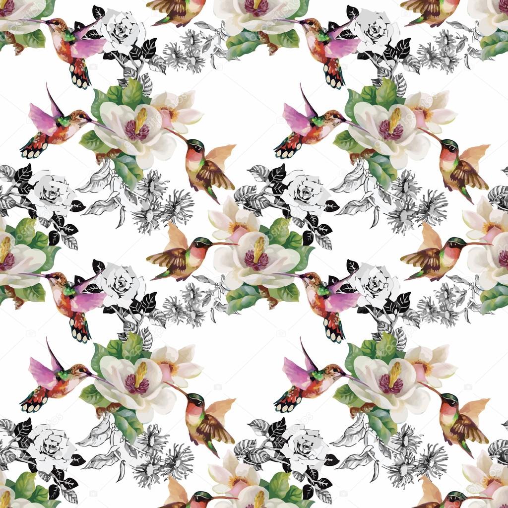 Tropical floral watercolor seamless pattern with colibris and flowers. Watercolor painting.