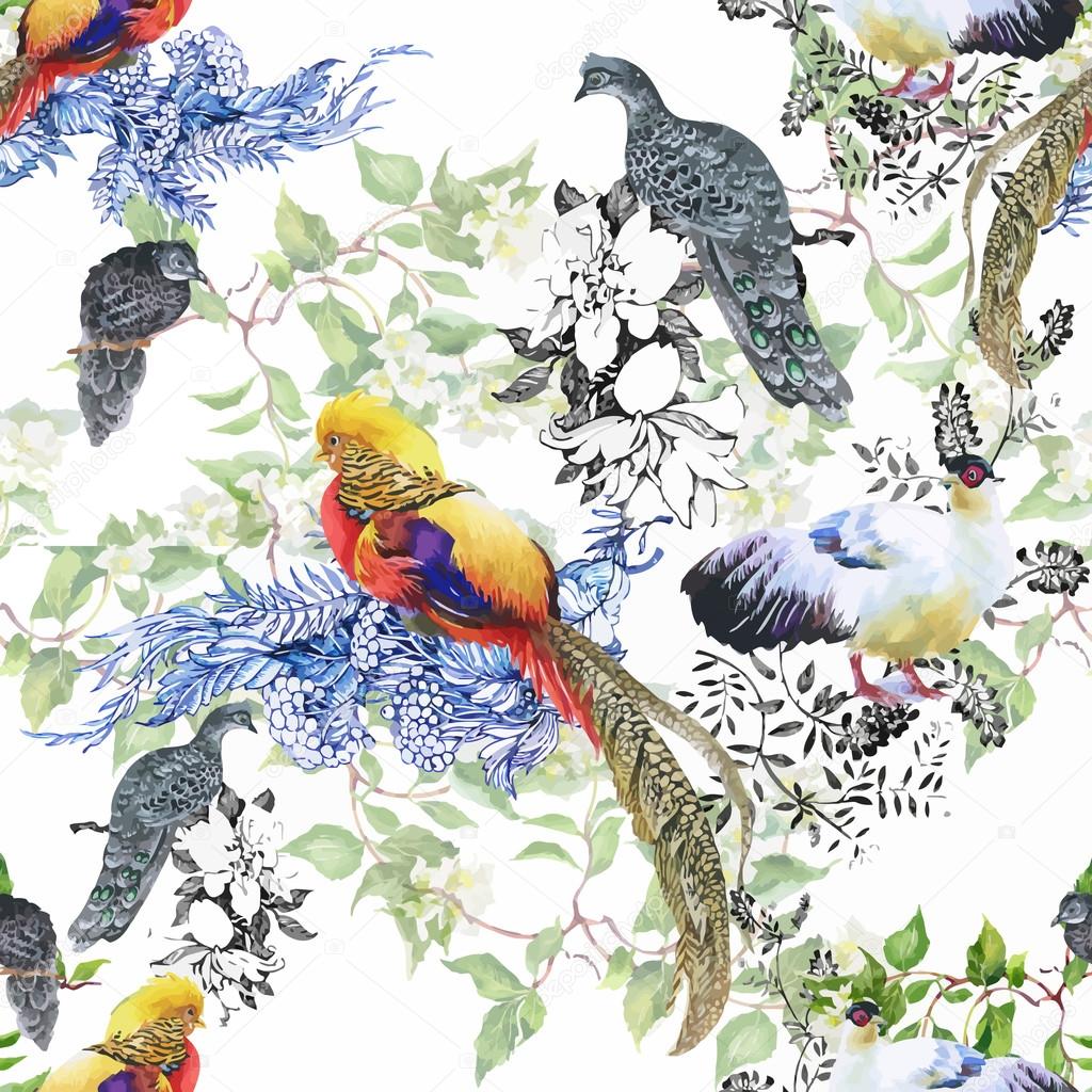 Wild Pheasant animals birds in watercolor floral seamless pattern