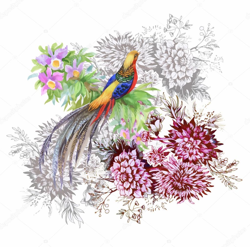 Garden flowers and pheasant birds watercolor pattern