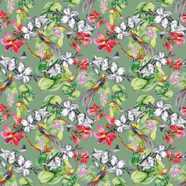 tropikal kuşlar ve egzotik çiçekler