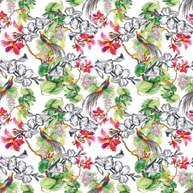 tropikal kuşlar ve egzotik çiçekler