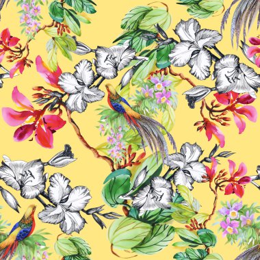 tropikal kuşlar ve egzotik çiçekler