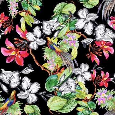 tropikal kuşlar ve egzotik çiçekler