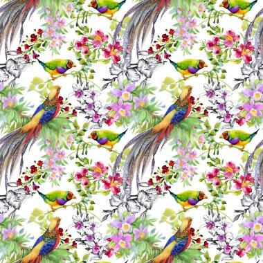 tropikal kuşlar ve egzotik çiçekler