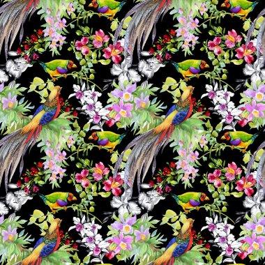 tropikal kuşlar ve egzotik çiçekler