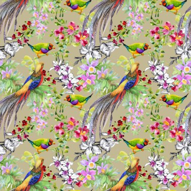 tropikal kuşlar ve egzotik çiçekler