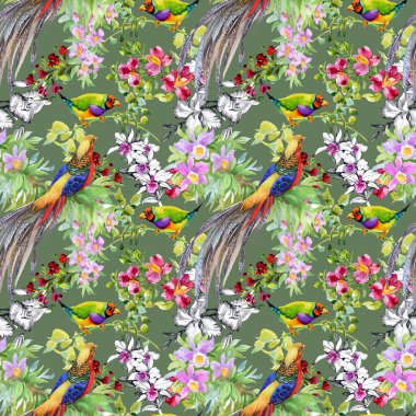 tropikal kuşlar ve egzotik çiçekler