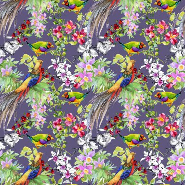 tropikal kuşlar ve egzotik çiçekler