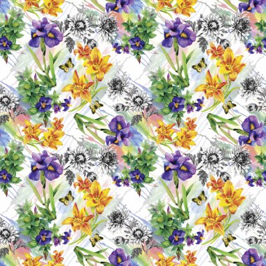 Suluboya süsen ile Seamless modeli. Vektör çizim