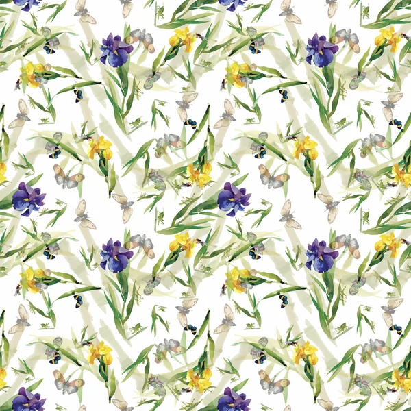 Naadloze patroon met aquarel irissen. Vectorillustratie — Stockvector