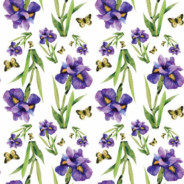 Seamless pattern with watercolor irises. Vector illustration