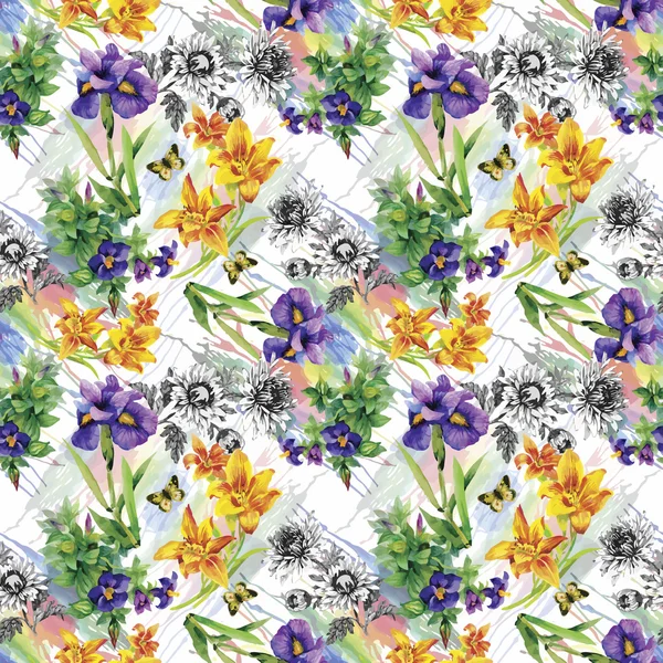 Seamless pattern with watercolor irises. Vector illustration — Stock Vector