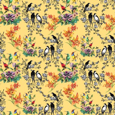 tropikal kuşlar ve egzotik çiçekler