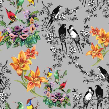 tropikal kuşlar ve egzotik çiçekler