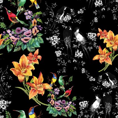 tropikal kuşlar ve egzotik çiçekler