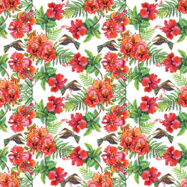 desen alstroemeria çiçek ve sinek kuşlarının